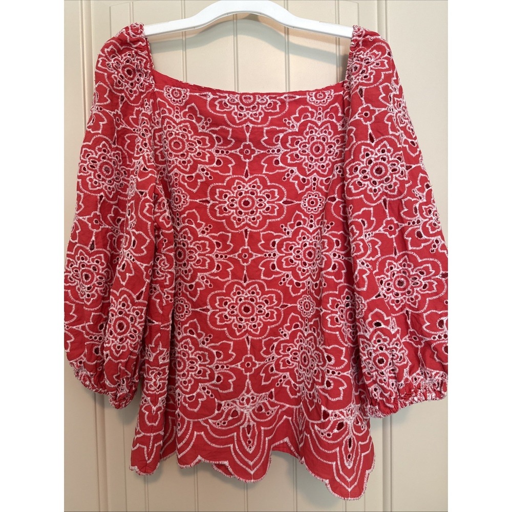 Trina Turk Lace Eyelet 100% Cotton Blouse Square Neckline 3/4 Sleeve L/XL (read)